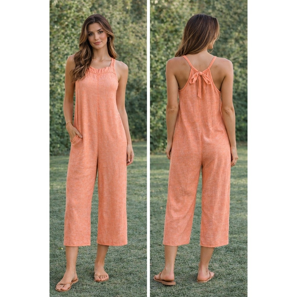 Haute Hippie Style Jumpsuit Sz S Coral Orange Linen Blend Wide Leg Beach Casual